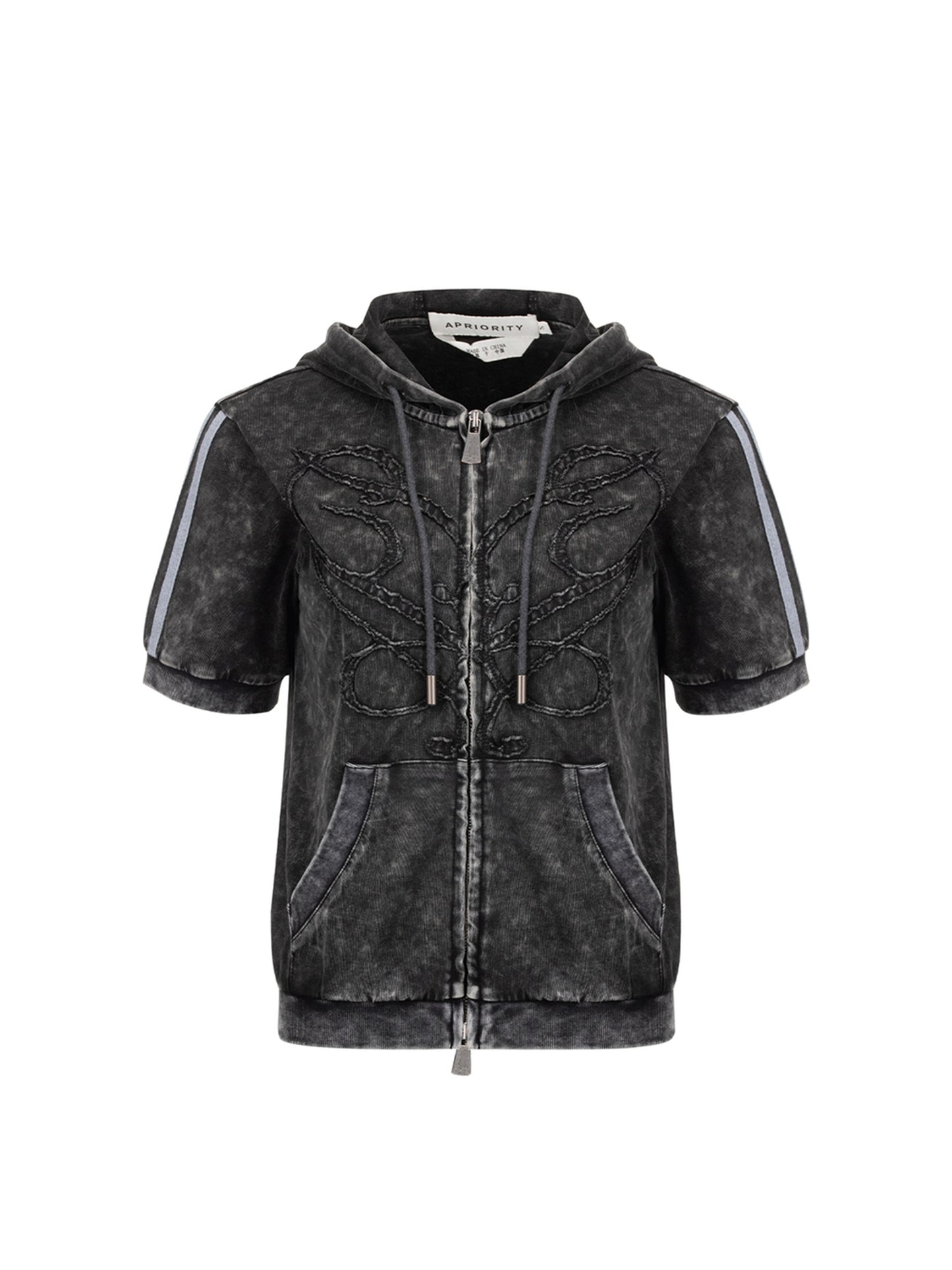 Wash Patch Embroidery Zipper Short Sleeve Hoodie WN18937