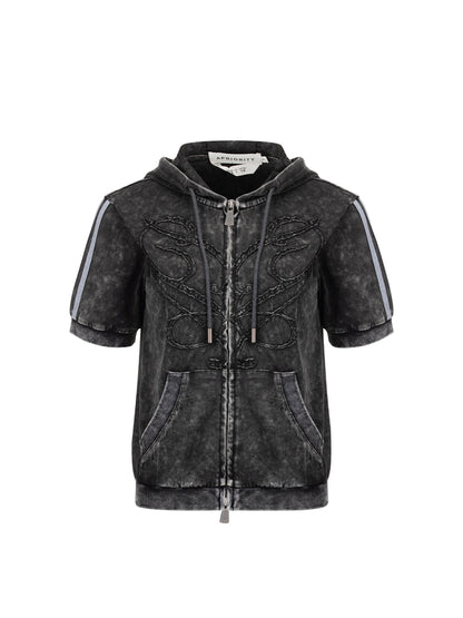 Wash Patch Embroidery Zipper Short Sleeve Hoodie WN18937