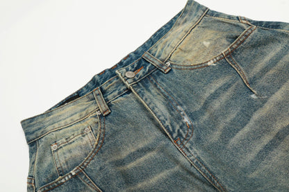 Dirty Washed Curved Wide Leg Denim Jeans WN25914