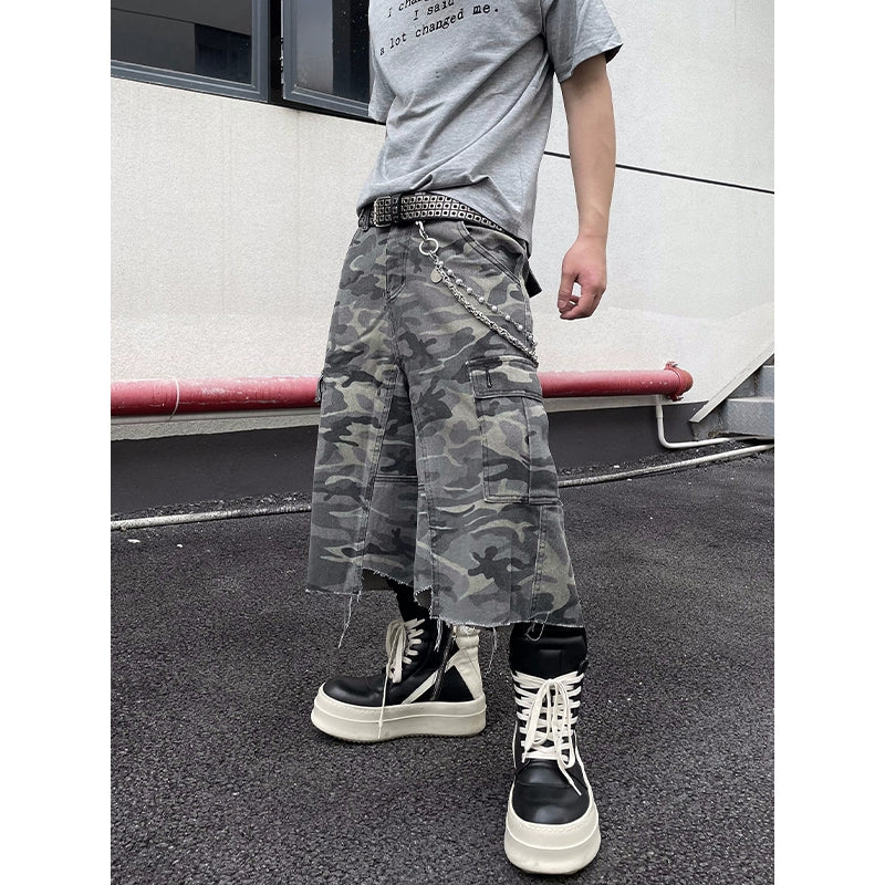 Camouflage Multi Pocket Damage Denim Cargo Half Pants WN18814