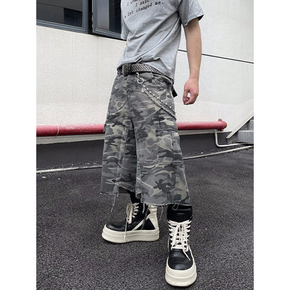 Camouflage Multi Pocket Damage Denim Cargo Half Pants WN18814