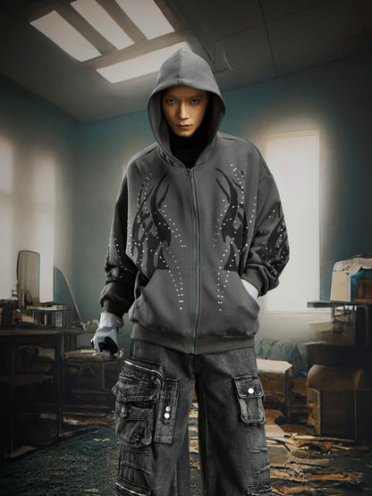 Totem Print Rhinestone Oversize Zipper Hoodie WN22736