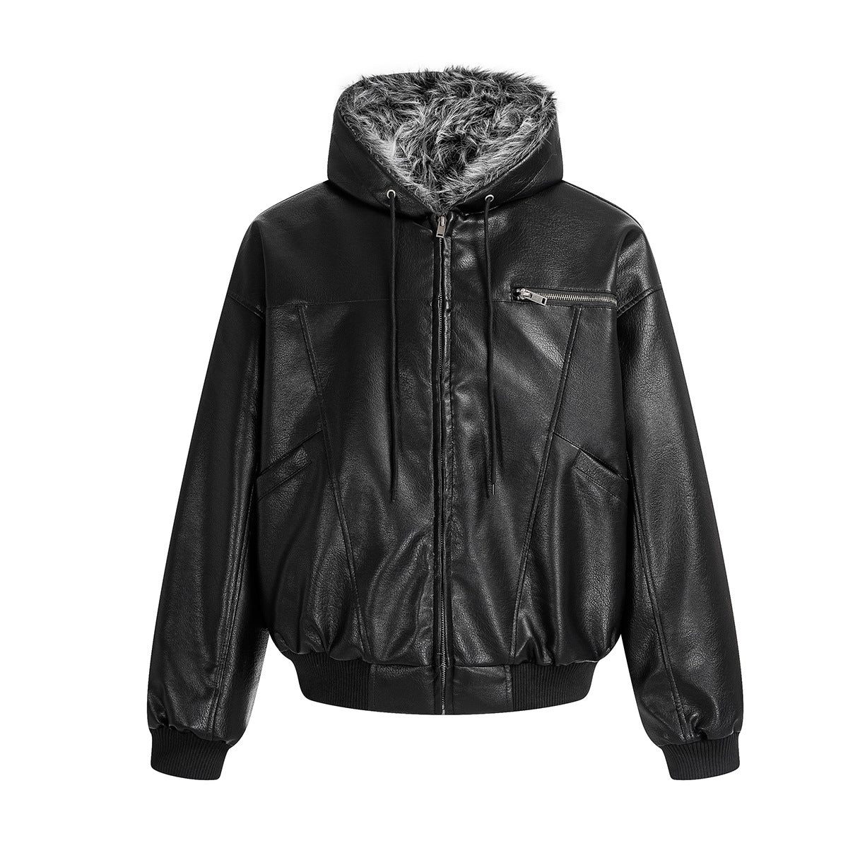 Hooded Fake Fur Lining Zip-Up PU Leather Jacket WN23081