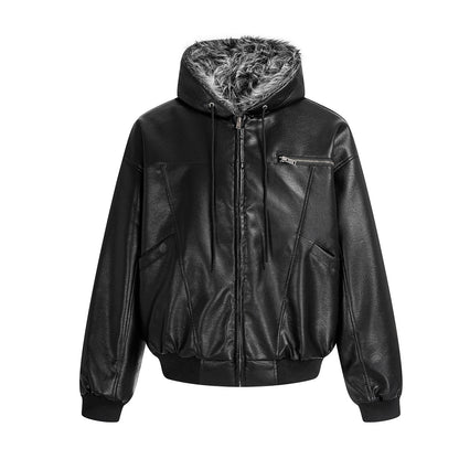 Hooded Fake Fur Lining Zip-Up PU Leather Jacket WN23081