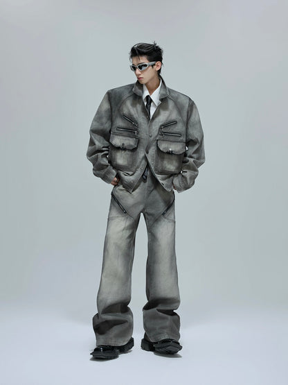 Washed Shoulder-Pad Denim Jacket & Zipper Flare Denim Jeans Setup WN21760