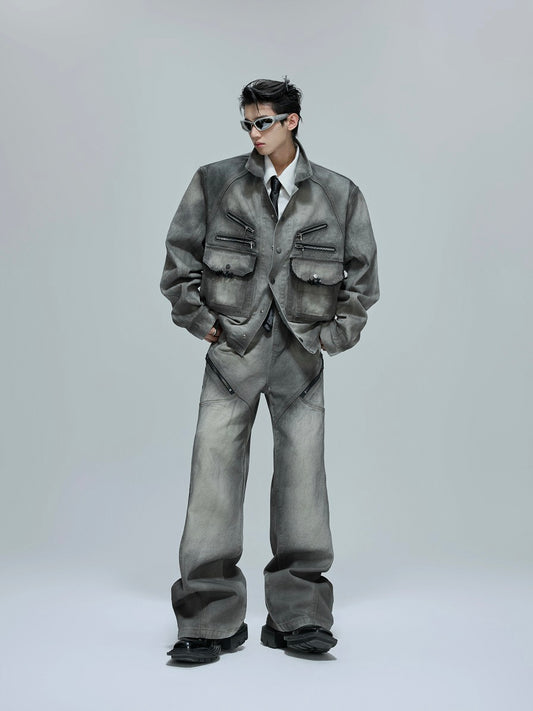 Washed Shoulder-Pad Denim Jacket & Zipper Flare Denim Jeans Setup WN21760