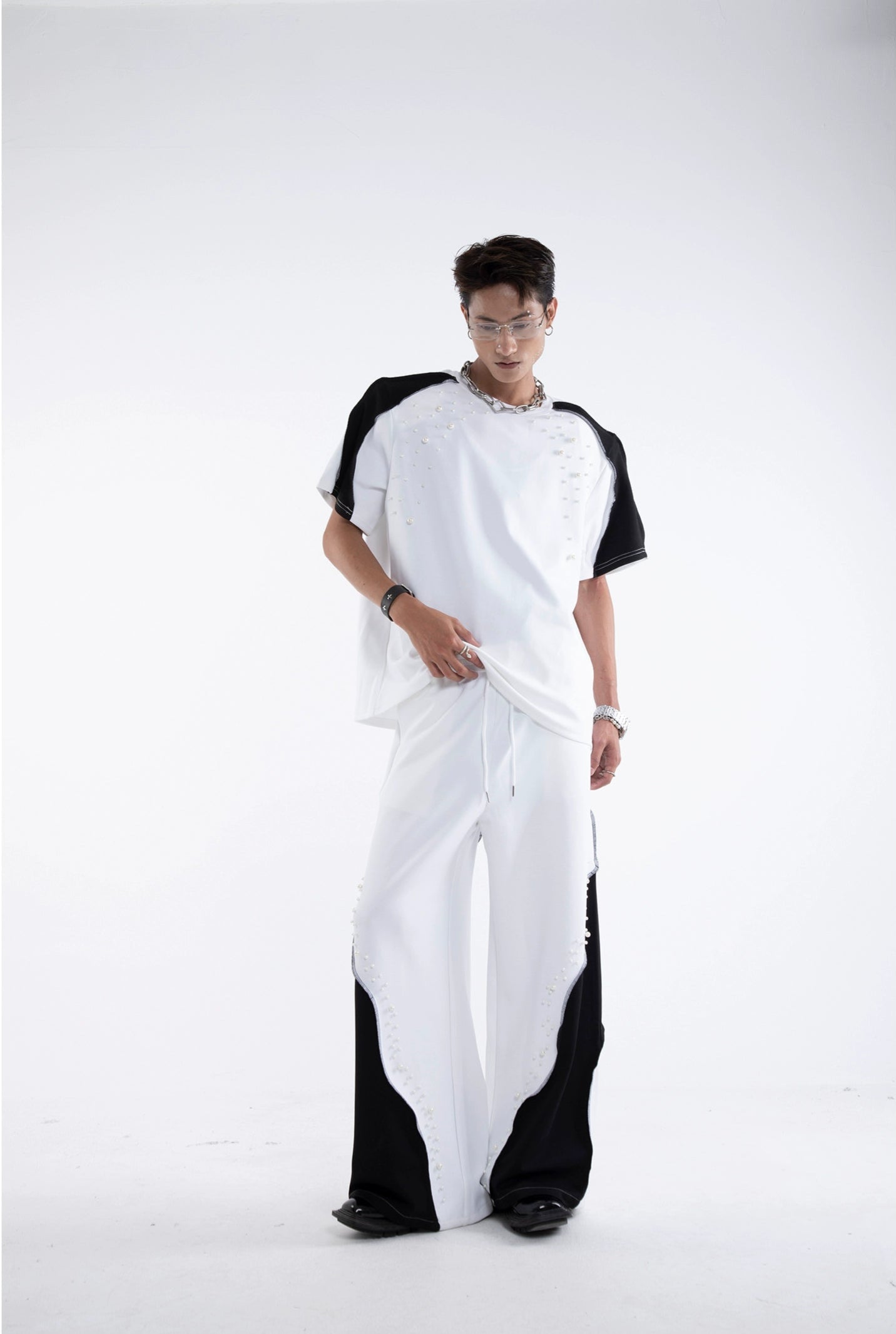 Beading Paint Shoulder-Pad Short Sleeve T-Shirt & Wide Leg Pants Setup WN20640