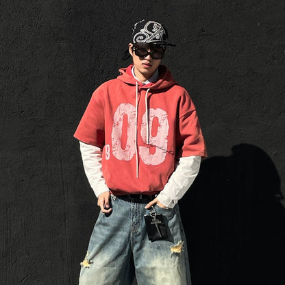 Washed Fake Layered Number Graphic Hoodie WN28120