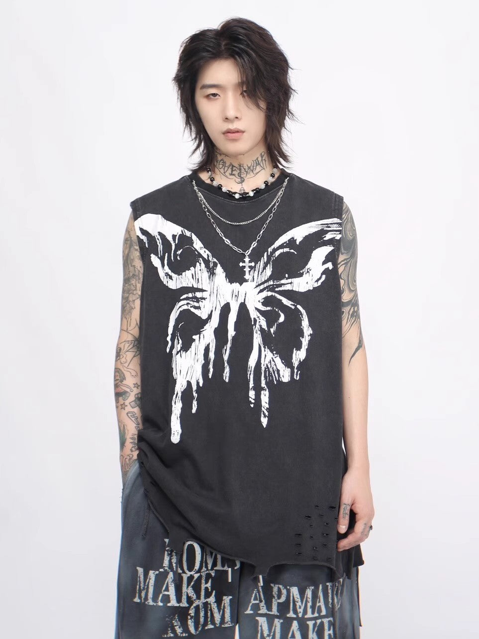 Butterfly Print Washed Oversize Sleeveless T-shirt WN6564