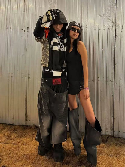 Deconstructed Double Waistband Detachable Denim Jeans WN18095