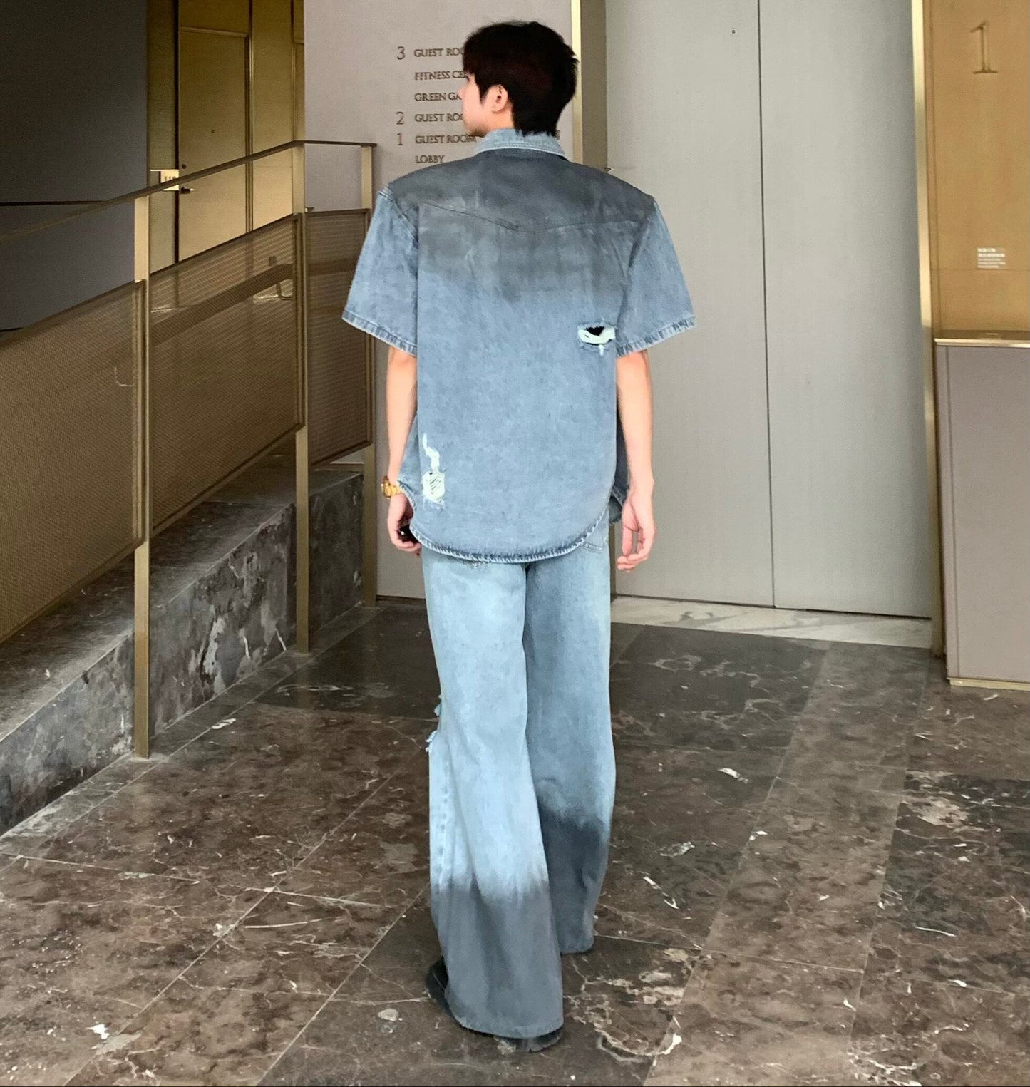 Damage Wash Shoulder-pad Denim Short Sleeve Shirt & Damage Wide Leg Denim Jeans Setup WN25233