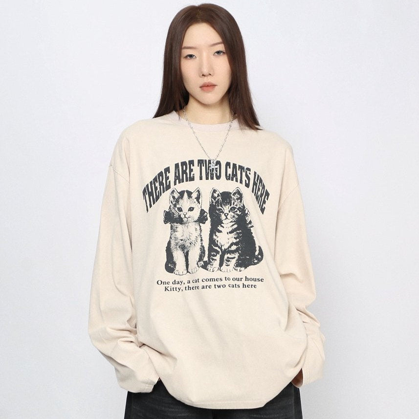 Cat Graphic Print Oversize Long Sleeve T-Shirt WN24486 – WONDER NOAH