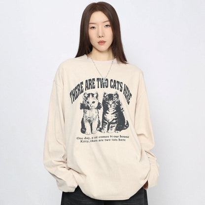 Cat Graphic Print Oversize Long Sleeve T-Shirt WN24486