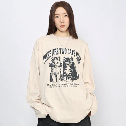 Cat Graphic Print Oversize Long Sleeve T-Shirt WN24486