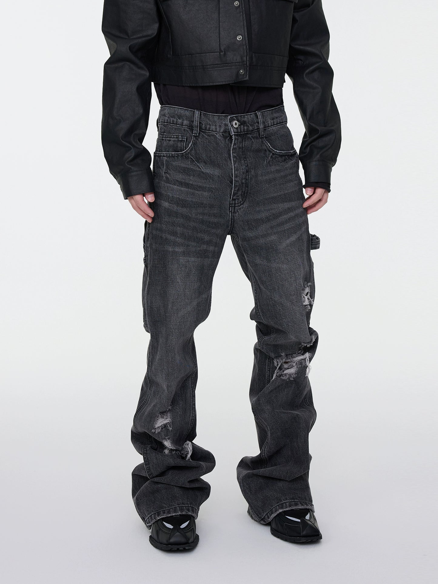 Whisker Rip Damage Stacked Flare Denim Jeans WN16949