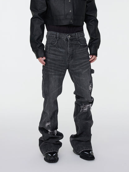 Whisker Rip Damage Stacked Flare Denim Jeans WN16949