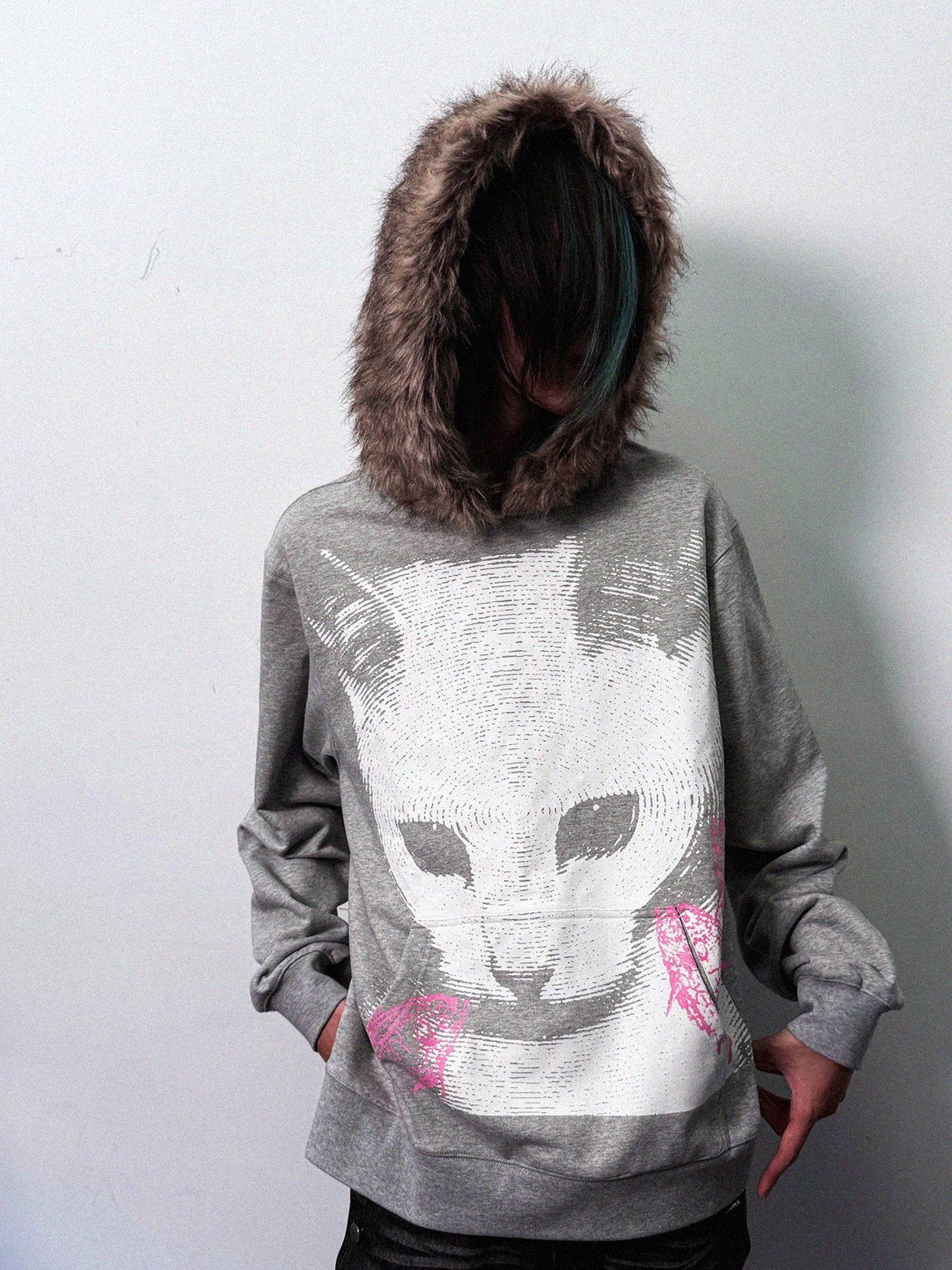 Cat Print Fake Fur Collar Hoodie WN20913
