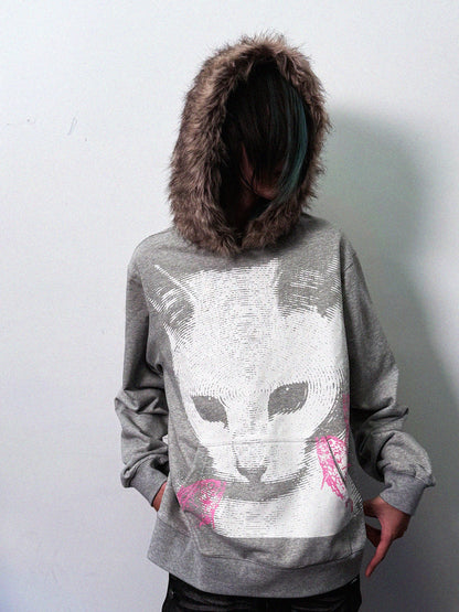Cat Print Fake Fur Collar Hoodie WN20913