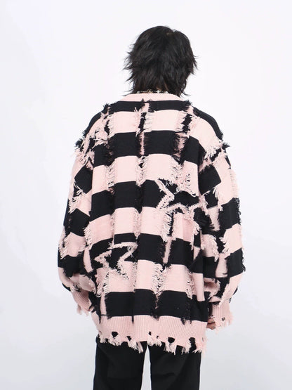 Stripe Oversize Damage Knit Sweater WN8377