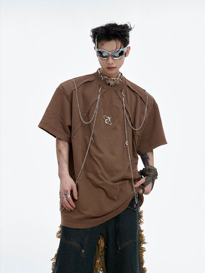 Chain Design Short Sleeve Shoulder Pad T-shirt WN6506