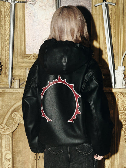 Back Graphic Design Hooded PU Leather Jacket WN15855
