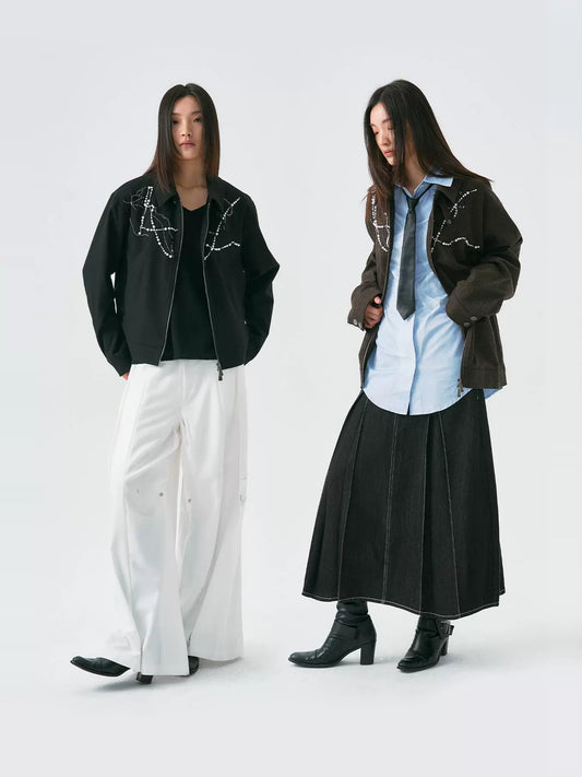 Handcrafted Pearl Chain Harrington Jacket WN18875