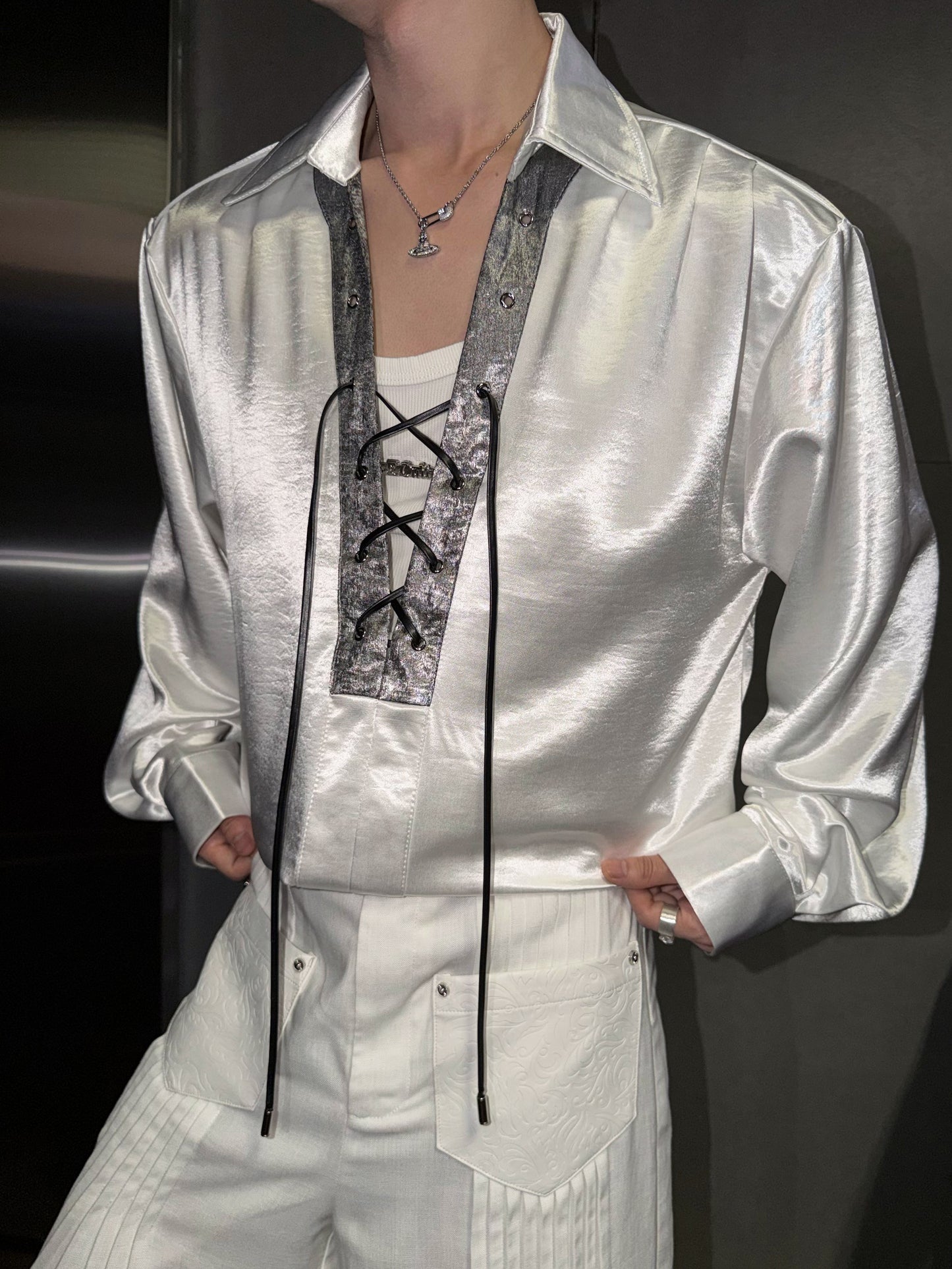 V-Neck Lace-Up Satin Cropped Long Sleeve Shirt WN27038