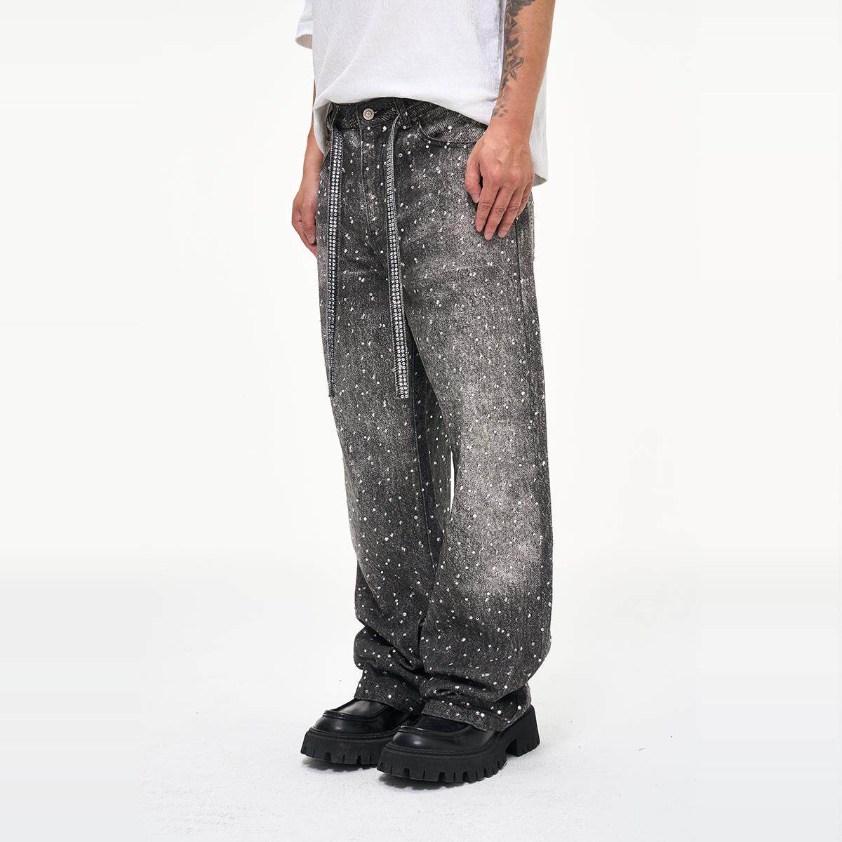 Rhinestone Print Wash Damage Straight Denim Jeans WN24352