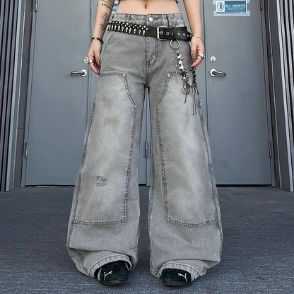 Damage Wash Pocket Wide Leg Cargo Denim Jeans WN24181