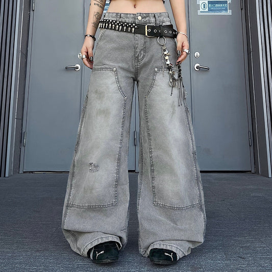 Damage Wash Pocket Wide Leg Cargo Denim Jeans WN24181