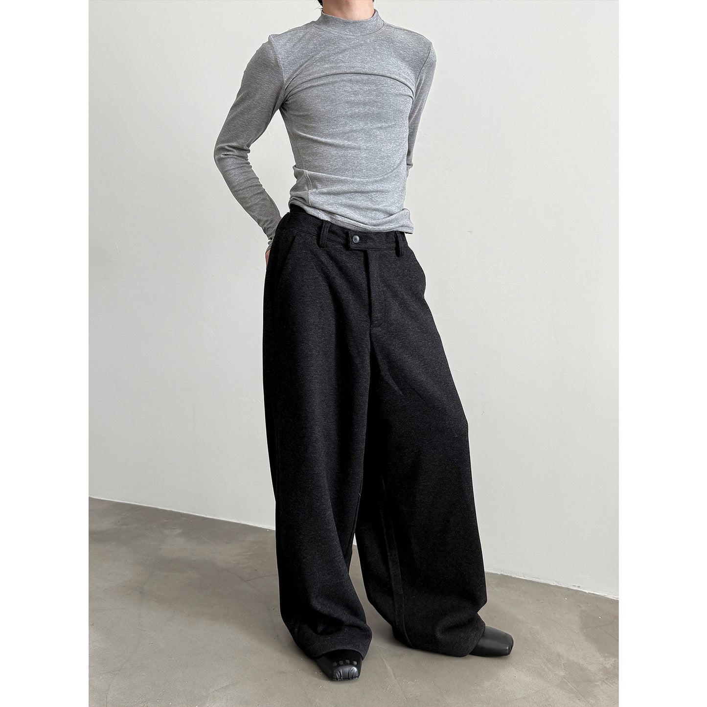 Wool Blend Draping Half-Elastic Wide-Leg Trousers WN15282