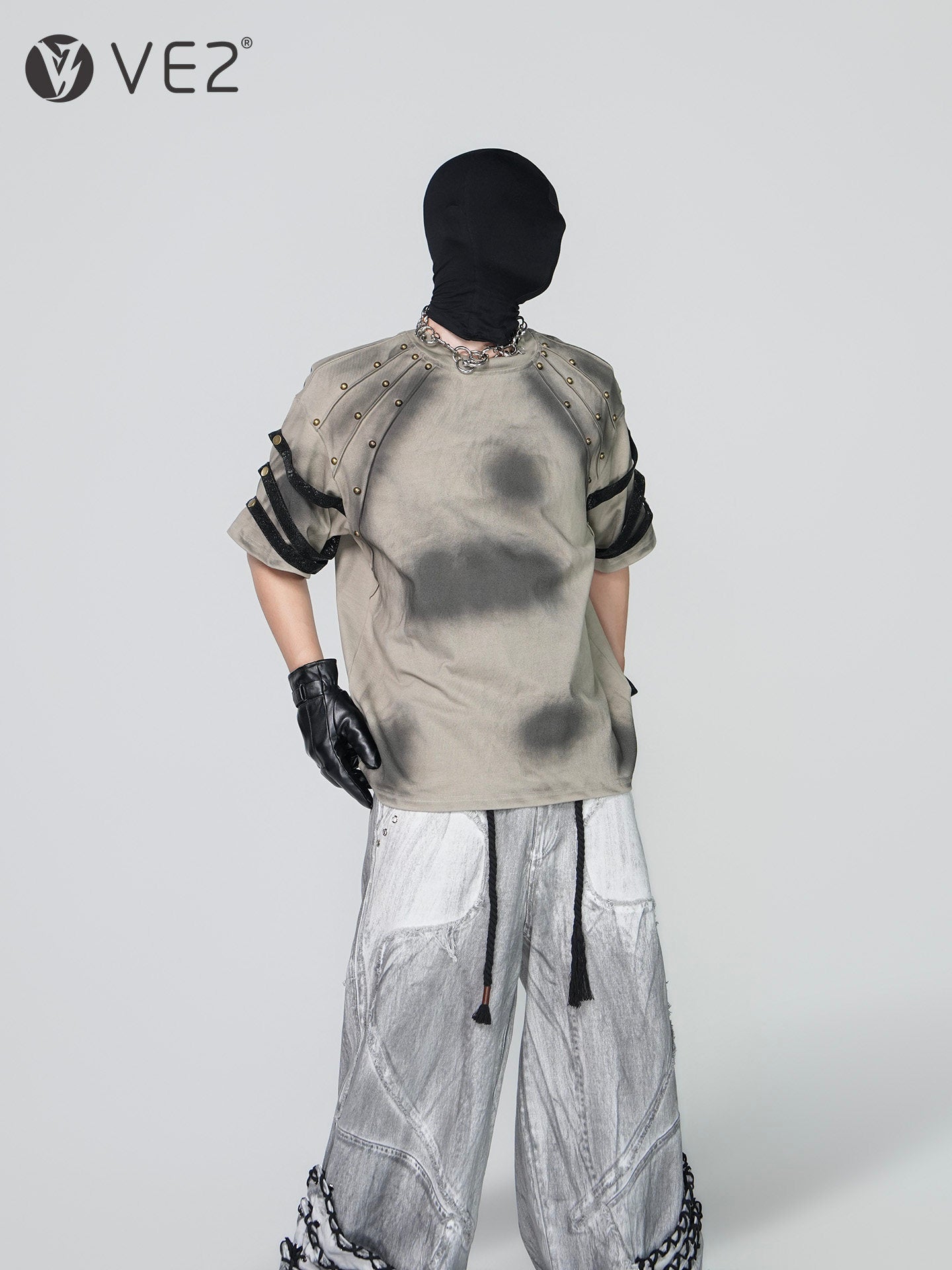 Washed Damage Studs Detail Strap Short Sleeve T-Shirt WN24315
