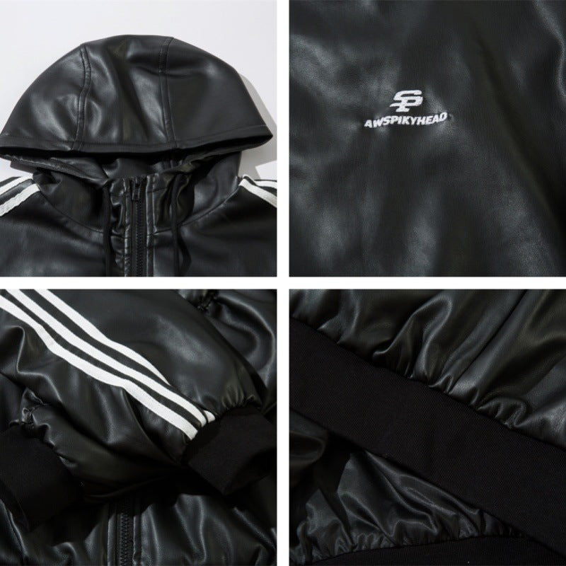 Three-Stripe Oversize PU Leather Hooded Jacket WN11116