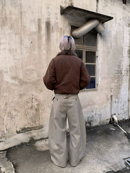 Deconstructed Washed Fake Fur-Collar Front Button Jacket WN22202