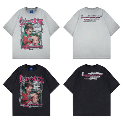 Washed Portrait Letter Print Short Sleeve T-Shirt WN25764