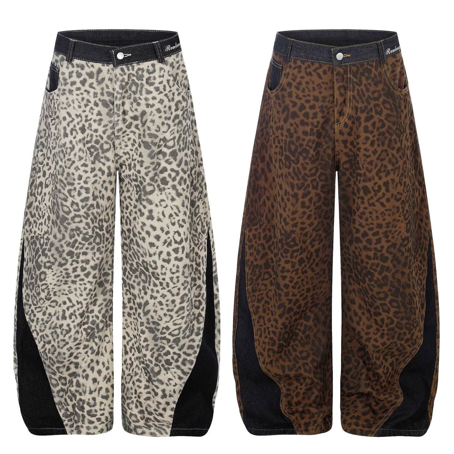 Leopard Print Curved Wide Leg Denim Jeans WN25679