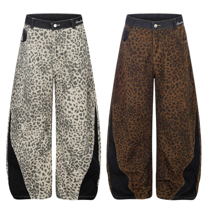 Leopard Print Curved Wide Leg Denim Jeans WN25679