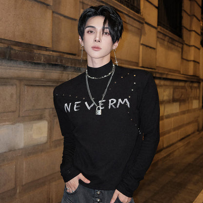 High-Neck Stud Letter Knit T-hsirt WN25145