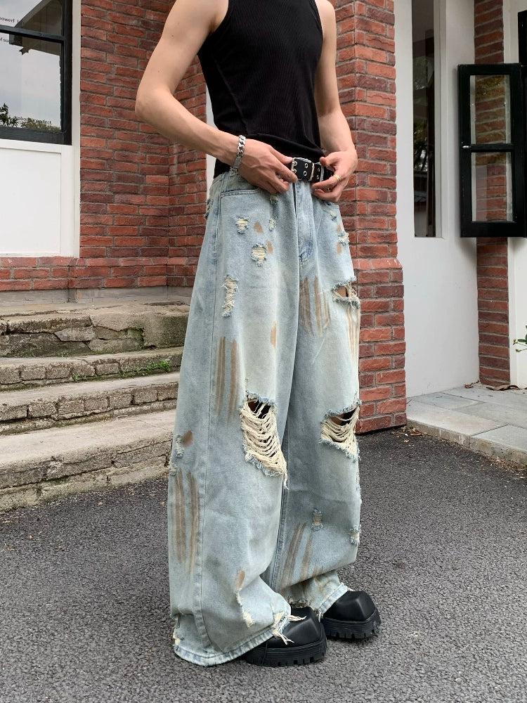 Damage Washed Wide Leg Denim Jeans WN19790