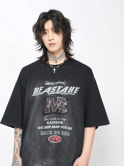 Washed Letter Print Oversize Short Sleeve T-Shirt WN24481