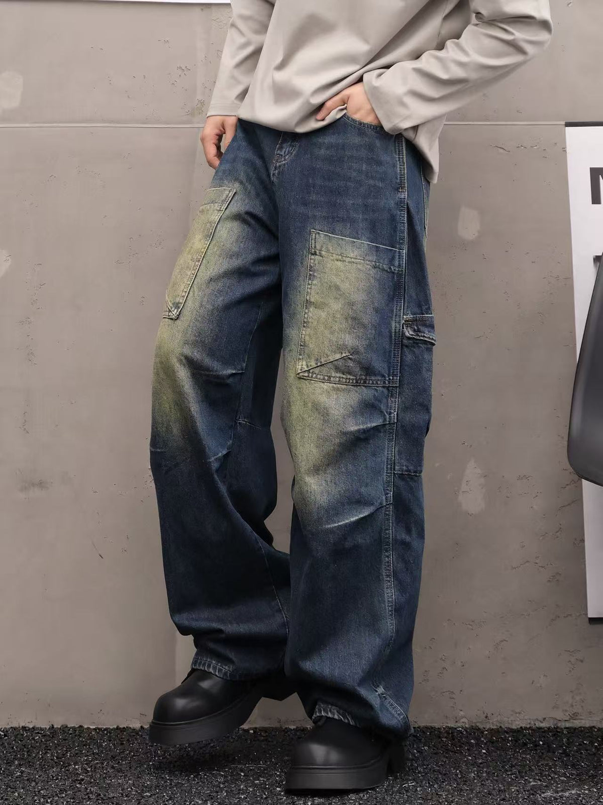 Washed Multi-Pocket Wide Leg Denim Jeans WN27916
