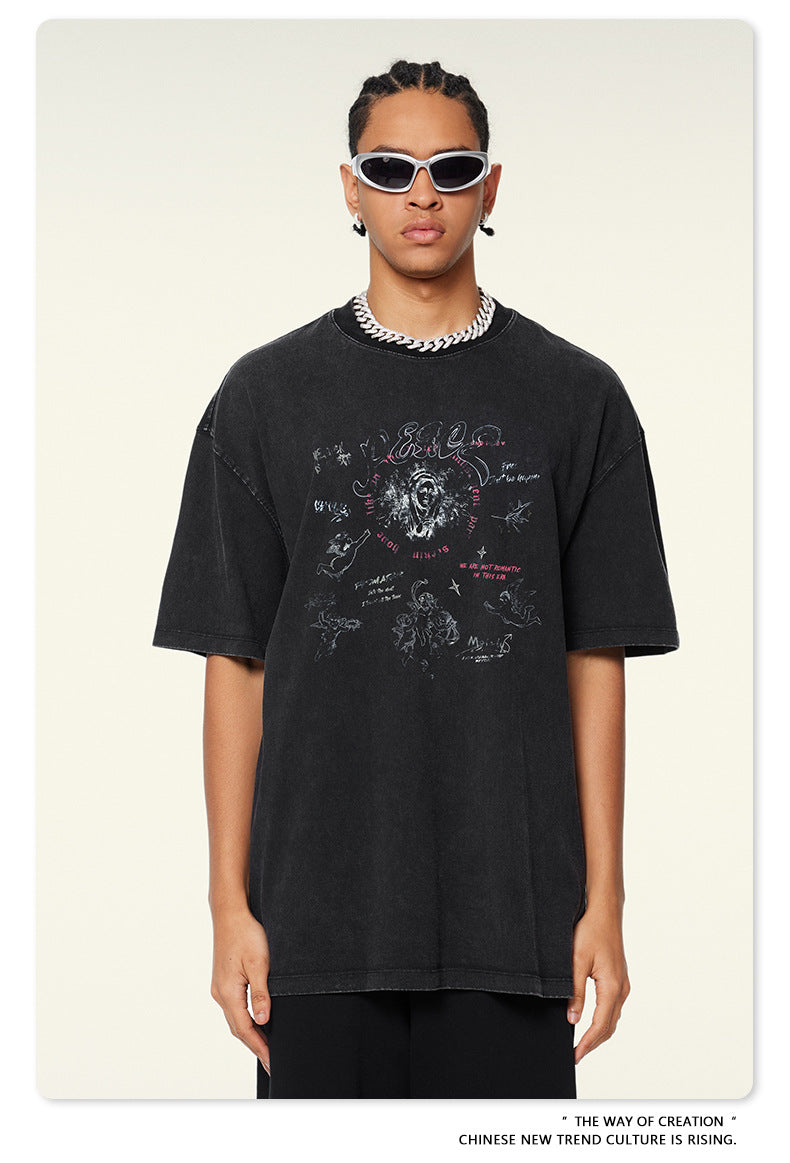 Washed Angel Print Round Neck Short Sleeve T-Shirt WN7833