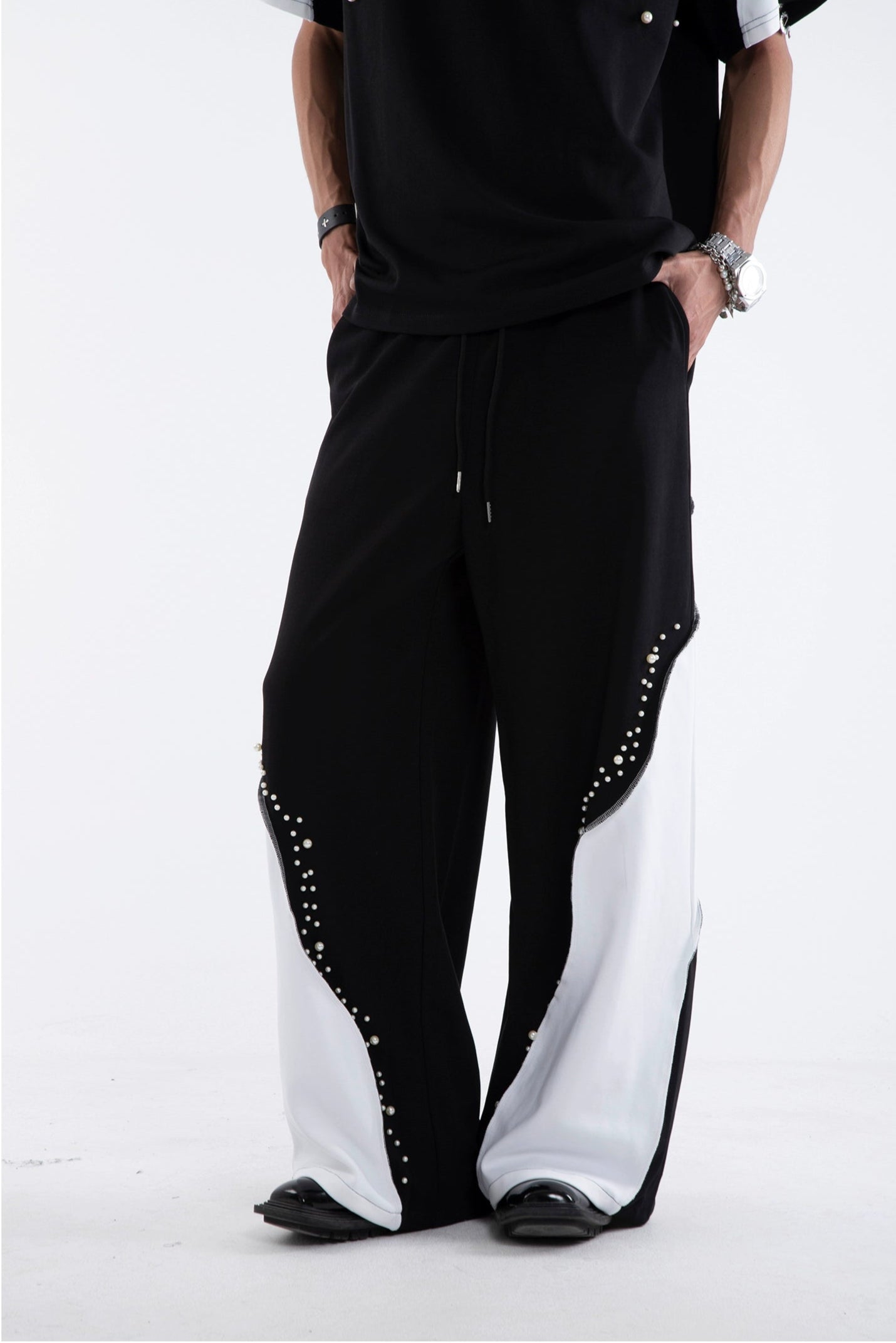 Beading Paint Shoulder-Pad Short Sleeve T-Shirt & Wide Leg Pants Setup WN20640