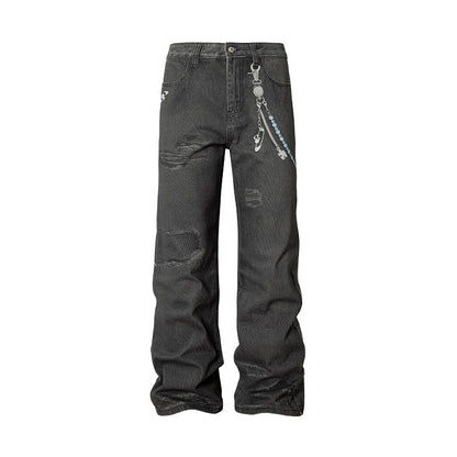 Chain Detail Damage Straight Leg Denim Jeans WN23212
