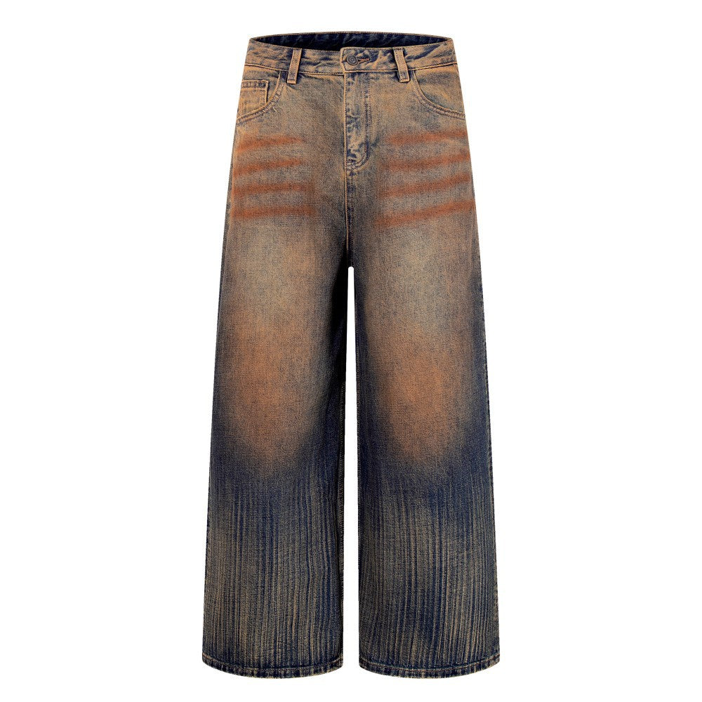 Mud Dye Washed Whisker Wide Leg Denim Jeans WN27904