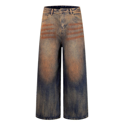 Mud Dye Washed Whisker Wide Leg Denim Jeans WN27904