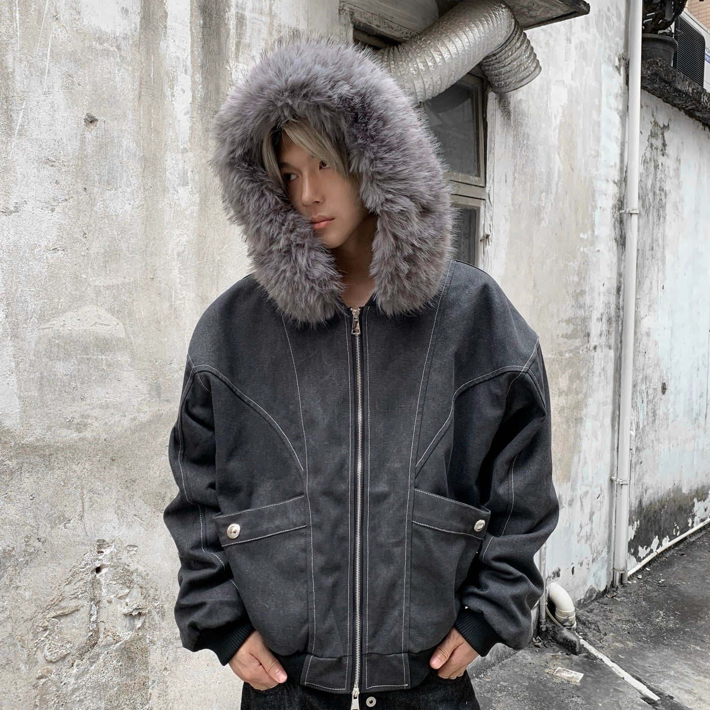 Hooded Fake Fur-Collar Zipper Short Jacket WN22217