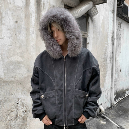 Hooded Fake Fur-Collar Zipper Short Jacket WN22217