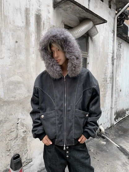 Hooded Fake Fur-Collar Zipper Short Jacket WN22217