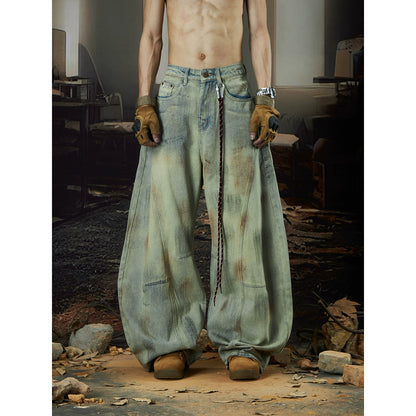 Hand-Paint Dyed Wash Wide Leg Denim Jeans WN18426